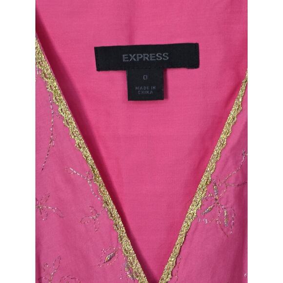 Beautiful Women's Express V-Neck Pink Gold Floral Embroidered A-Line Dress Sz 0 - Picture 6 of 7